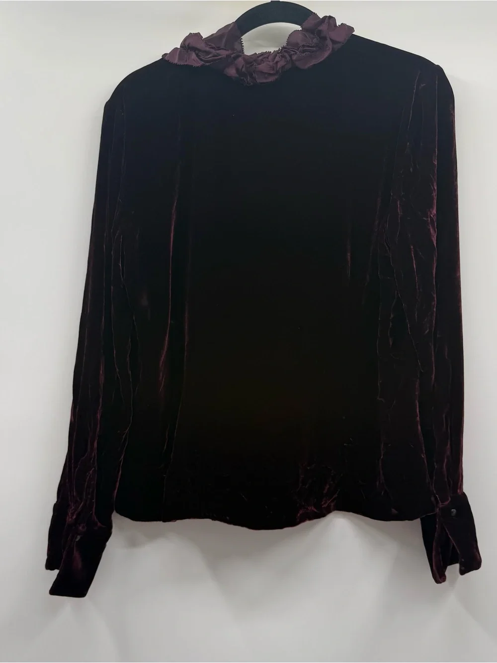 Ralph Lauren Velvet Ruffle Front Button-Down Shirt in Deep Plum - Picture 4 of 6